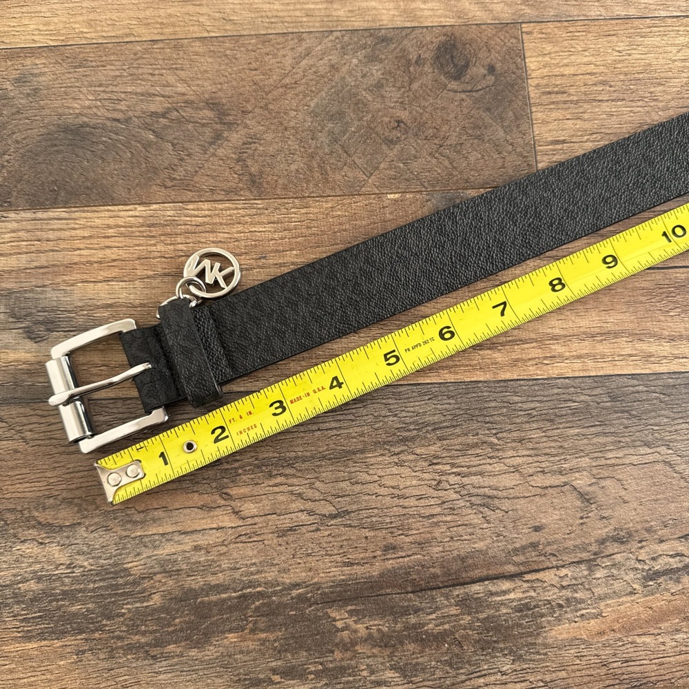 Michael Kors Womens Black Monogram Belt Silver MK Logo Charm Size Medium - Picture 4 of 6